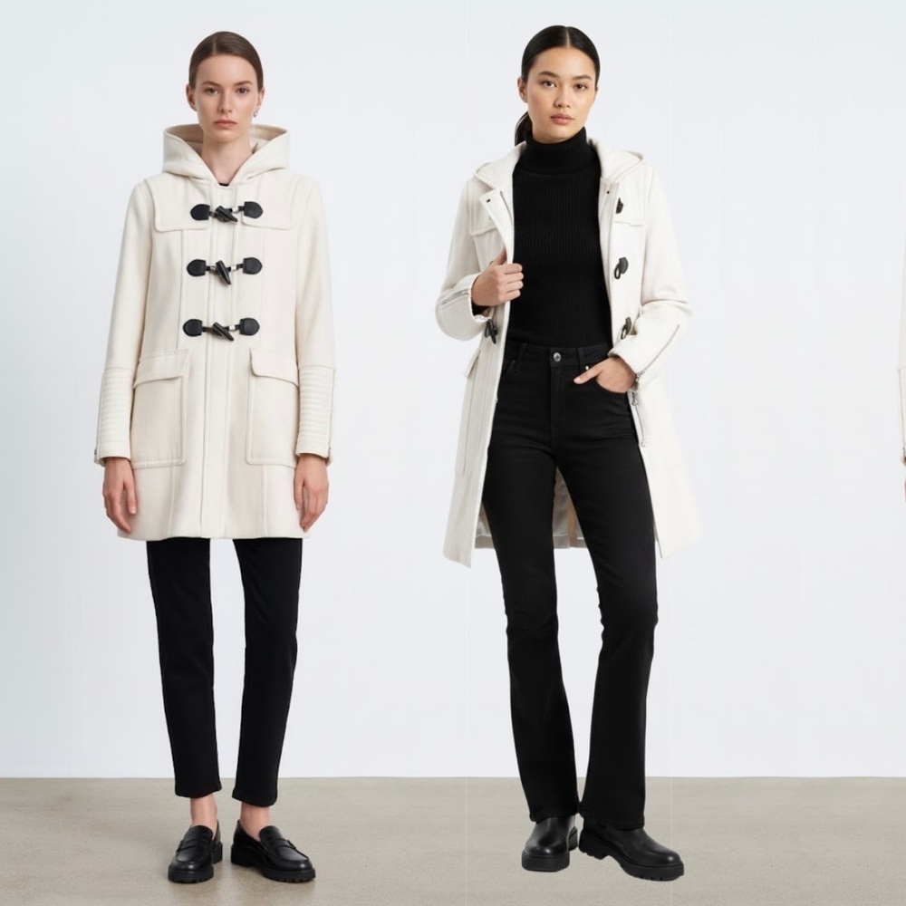 BCBGMaxAzria Wool Ivory Long Peacoat Over Coat Toggles Modern Classic Zip XXS